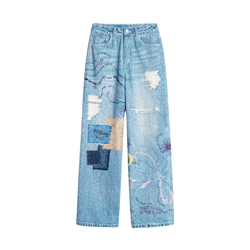 Desigual26秋冬新品宽松破洞贴布手绘涂鸦印花直筒女式牛仔裤