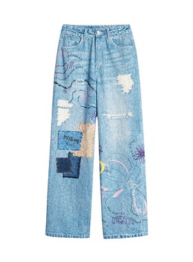 【棉】Desigual女式牛仔裤26秋冬新品贴布手绘印花直筒长裤