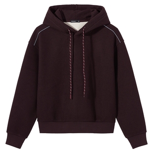 热风女士加绒卫衣2025年冬季新款仿毛呢薄绒连帽卫衣酒红内搭上衣