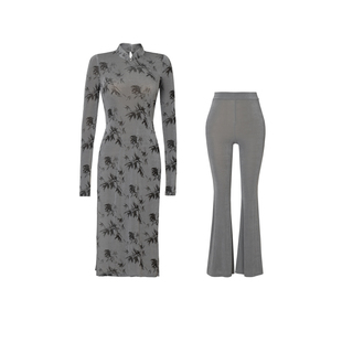 XULU原创醋酸针织印花修身新中式开叉上衣高腰紧身微喇叭裤套装