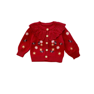 拉果拉贝贝园婴儿纯棉针织开衫秋冬宝宝刺绣花边领毛衣多巴胺外套