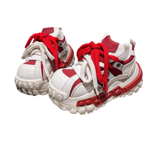 真皮版~欧货擦色系带厚底松糕轮胎底拼色熊猫鞋6cm老爹鞋运动女鞋