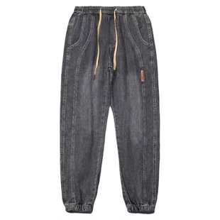 佑步仕加绒牛仔裤男款春秋冬季加厚束脚哈伦裤休闲宽松工装长裤子