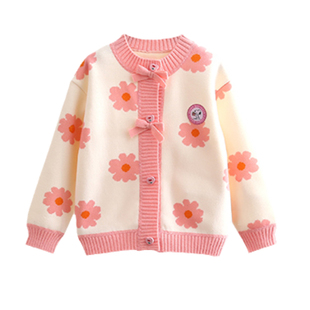 史努比女童针织衫圆领粉色向阳花可爱外套小女孩加绒加厚小花开衫