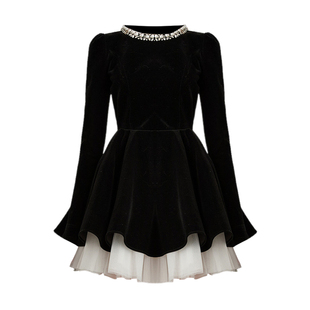 DPLAY亮钻领黑色连衣裙短裙冬季丝绒连衣裙女公主裙小礼服伞裙