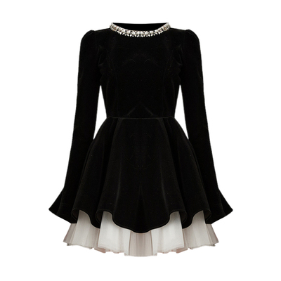 DPLAY亮钻领黑色丝绒连衣裙伞裙