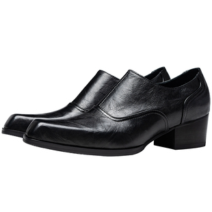 原创男士增高5cm德比鞋方头高跟正装皮鞋侧拉链手抓纹真皮牛皮鞋