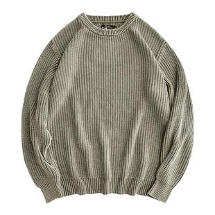 西里布美式纯色圆领毛衣男秋冬长袖休闲毛线衣拔染高级感针织衫