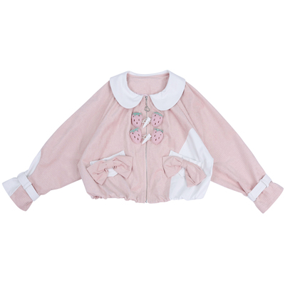 灯芯绒草莓牛角扣宽松外套