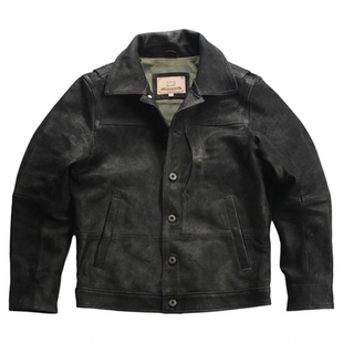 黑武士工装短款皮夹克男 无涂油绒磨砂山羊皮 翻领休闲真皮皮衣男