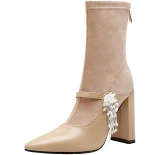 粗跟尖头高跟短靴女2025秋冬季新款拼接真皮气质玛丽珍瘦腿弹力靴