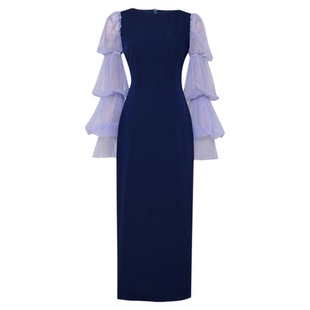 2026春季新款圆领多层网纱钉珠灯笼袖收腰直筒长款连衣裙