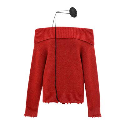 诱货红色一字肩短款针织衫