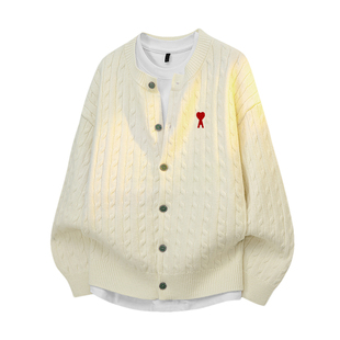 Ami iepo官方浅色针织开衫毛衣男女同款潮牌美式休闲百搭刺绣上衣