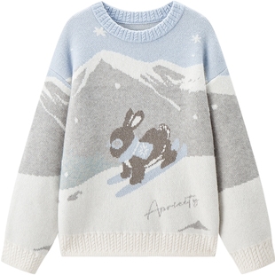 乐町滑雪兔宽松毛衣女冬季新款银丝雪山大图圆领毛针织衫