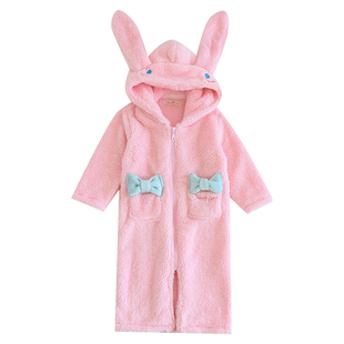 儿童冬珊瑚绒加厚长毛绒女童连帽拉链睡袍可爱兔子亲子浴袍家居服