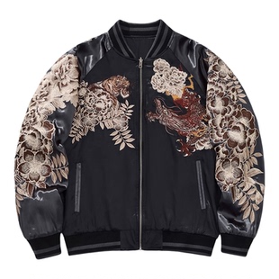 龙虎三代液态丝光缎面重工刺绣夹克外套横须贺男士棒球服情侣国潮