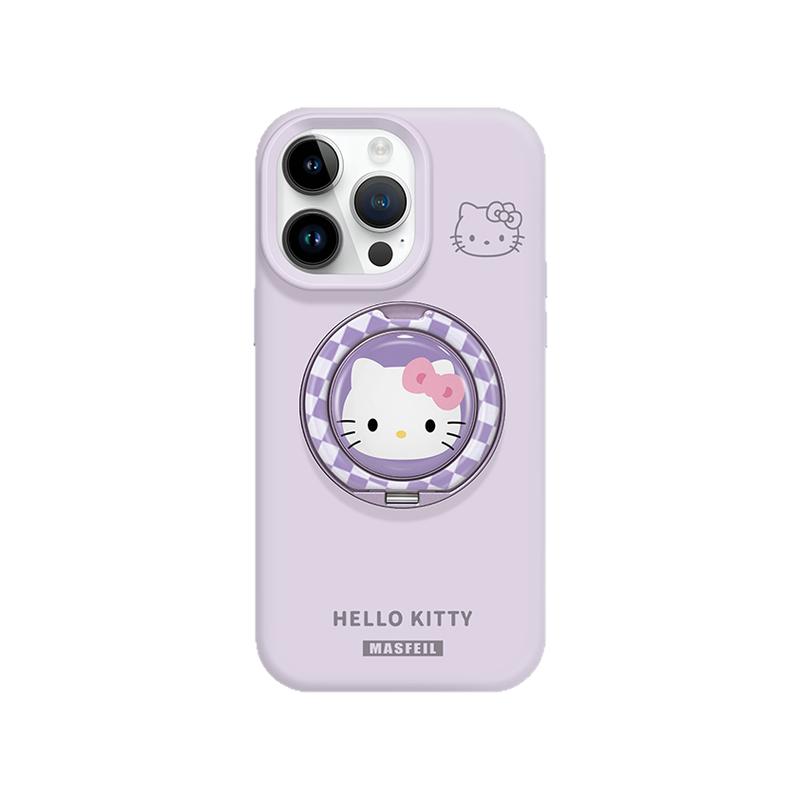 MASFEIL × 紫色格子猫咪适用苹果17Promax手机壳新款15带支架iPhone16Pro保护套Eo1支点液态硅胶13pm女14