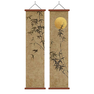 新中式玄关装饰画禅意空间茶室氛围布置高级感竖版长条竹子画挂画