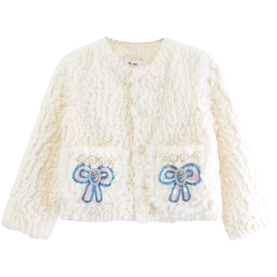 秋冬女童公主白色圆领冰雪亮片宝宝加绒厚儿童仿皮草短款外套披肩