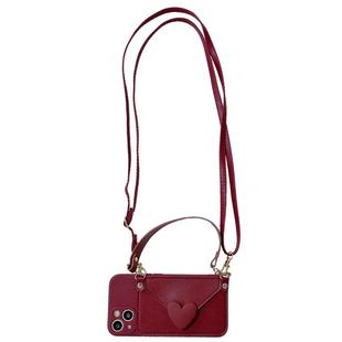 酒红色爱心零钱包适用iphone17promax手机壳苹果16pro斜挎13斜挎15pro女款12背带11挂绳8plus硅胶14pro全包边