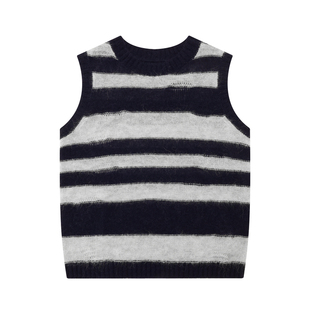 THESOONG/26s早春新款羊驼毛撞色条纹圆领无袖毛衣女马甲8174