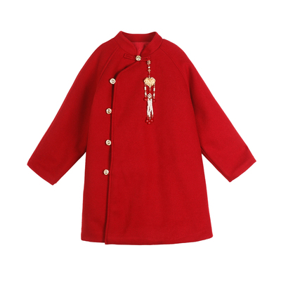 陈大猪女童红色毛呢保暖年服大衣