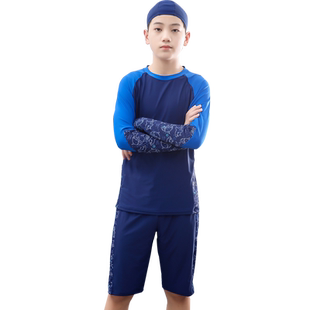 儿童泳衣男童青少年保暖泳裤中大童胖童长袖大码男生训练短裤套装