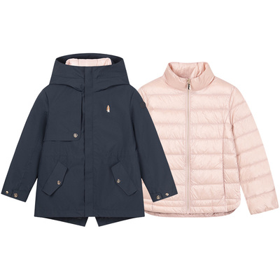 暇步士童装女童可拆卸羽绒风衣秋冬季新款连帽儿童户外防护外套