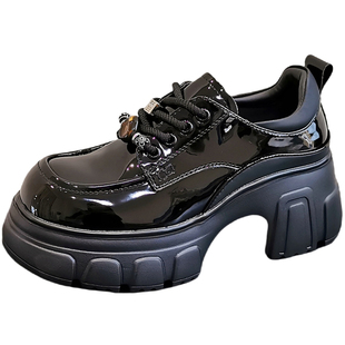 厚底粗跟7CM乐福鞋女2025秋季新款漆皮圆头系带小皮鞋百搭JK单鞋