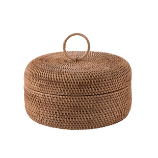 复古实木藤编收纳盒有盖桌面整理盒美式家用小号圆形带盖手编藤筐