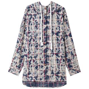 KEIKO 美式复古扎染全棉格子长袖衬衫女春季挺括量感宽松连帽外套