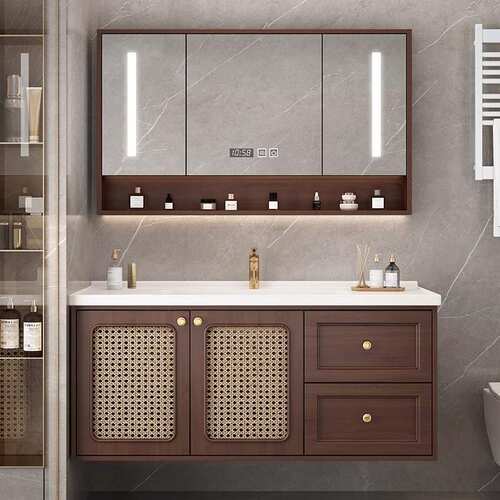 新中式橡木藤编浴室柜组合一体陶瓷盆中古风洗脸盆洗漱台洗手盆柜