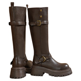 达芙妮长筒靴女2025新款秋冬长靴厚底骑士靴美拉德两穿中筒靴子女