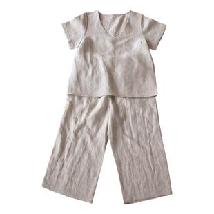 重逢 基础款法国麻极简V领短袖上衣宽松九分裤 纯色亚麻凉爽轻盈