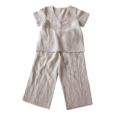 基础款法国麻极简V领短袖九分裤