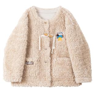 KEIKO 抗掉毛 皮毛一体羊羔绒外套冬季韩系牛角扣毛毛皮草厚棉服