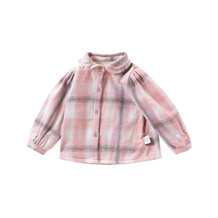 女童加绒衬衫秋冬新款童装儿童洋气加厚格子衬衣宝宝小童时尚外套