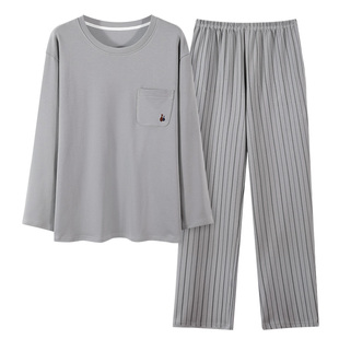 睡衣男春秋款长袖纯棉简约纯色男青少年秋冬季男式宽松家居服套装