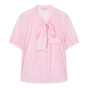 【3件9折】飘蕾粉色设计飘带领短袖衬衫上衣夏装百搭休闲小上衣
