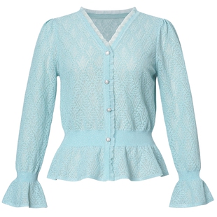 Lakoradior拉珂蒂商场同款春季新款浅蓝针织上衣女V领荷叶边优雅