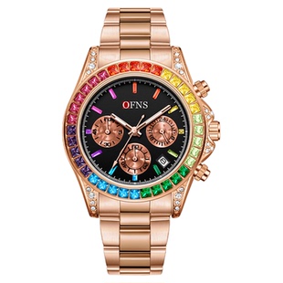 欧范尼学生腕表计时六针单日历石英表男女彩钻防水夜光男士手表潮