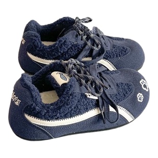 宽大头二棉鞋子女童运动鞋今年冬季儿童德训鞋蓝色大码加绒女鞋毛