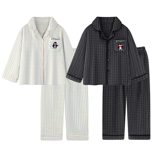 卡通格子珊瑚绒睡衣情侣装一男一女秋冬季加绒加厚款法兰绒家居服