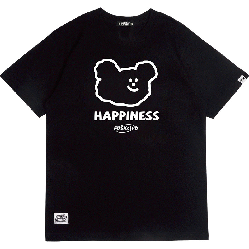 FDSK线稿幸福熊happiness bear韩风插画潮流印花情侣短袖T恤男女