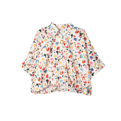 谜底波嬉风花色衬衫女2025夏新款复古宽松下摆收缩衬衣256MC6202