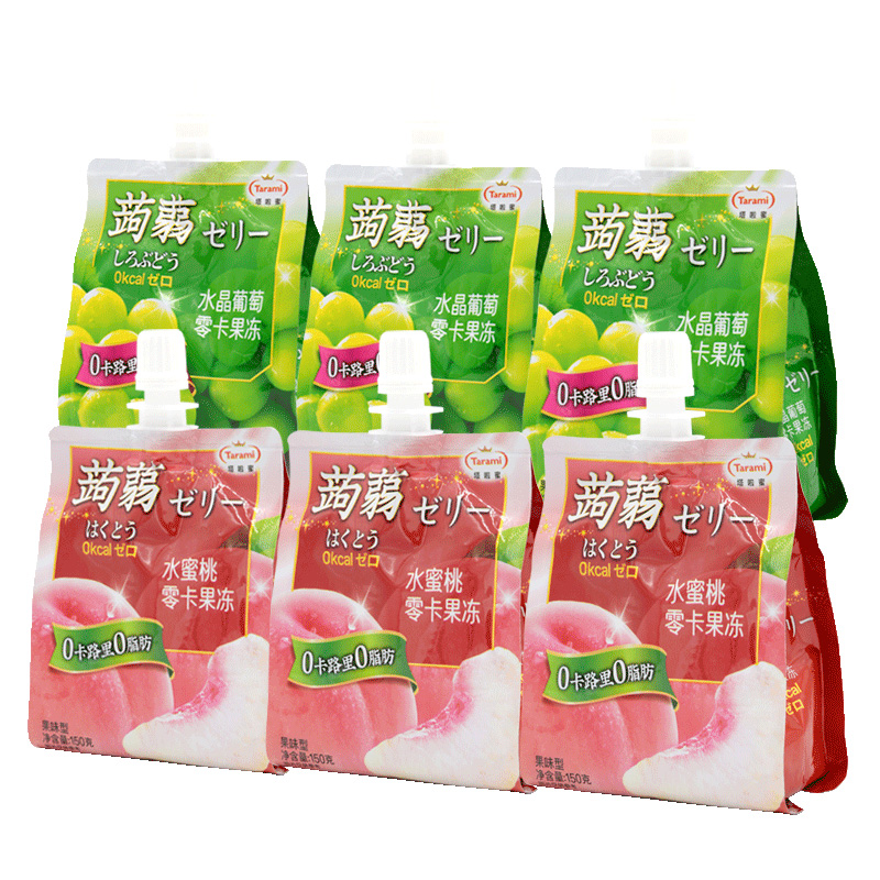 國產(chǎn)塔啦蜜0卡蒟蒻果凍水蜜桃味水晶葡萄味休閑零食150g*6袋裝