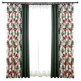 美式田园风拼接窗帘全遮光棉麻绿色客厅卧室书房飘窗加厚定制布帘