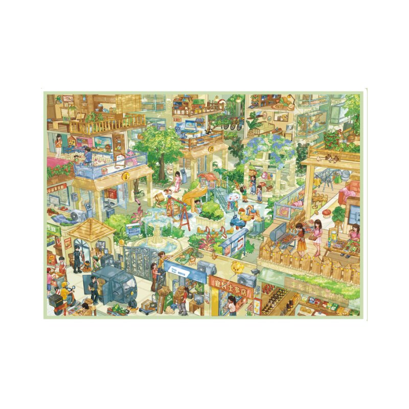 A4大尺寸云栖花园特油造景贴纸居民生活微缩场景diy沉浸式拼贴画