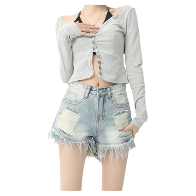 KRO毛边破洞短裤显瘦复古